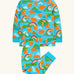 Frugi GOTS 100% organic cotton kids pyjamas including a light blue top with a repeating highland cow and mountain print and matching bottoms