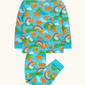 Frugi GOTS 100% organic cotton kids pyjamas including a light blue top with a repeating highland cow and mountain print and matching bottoms