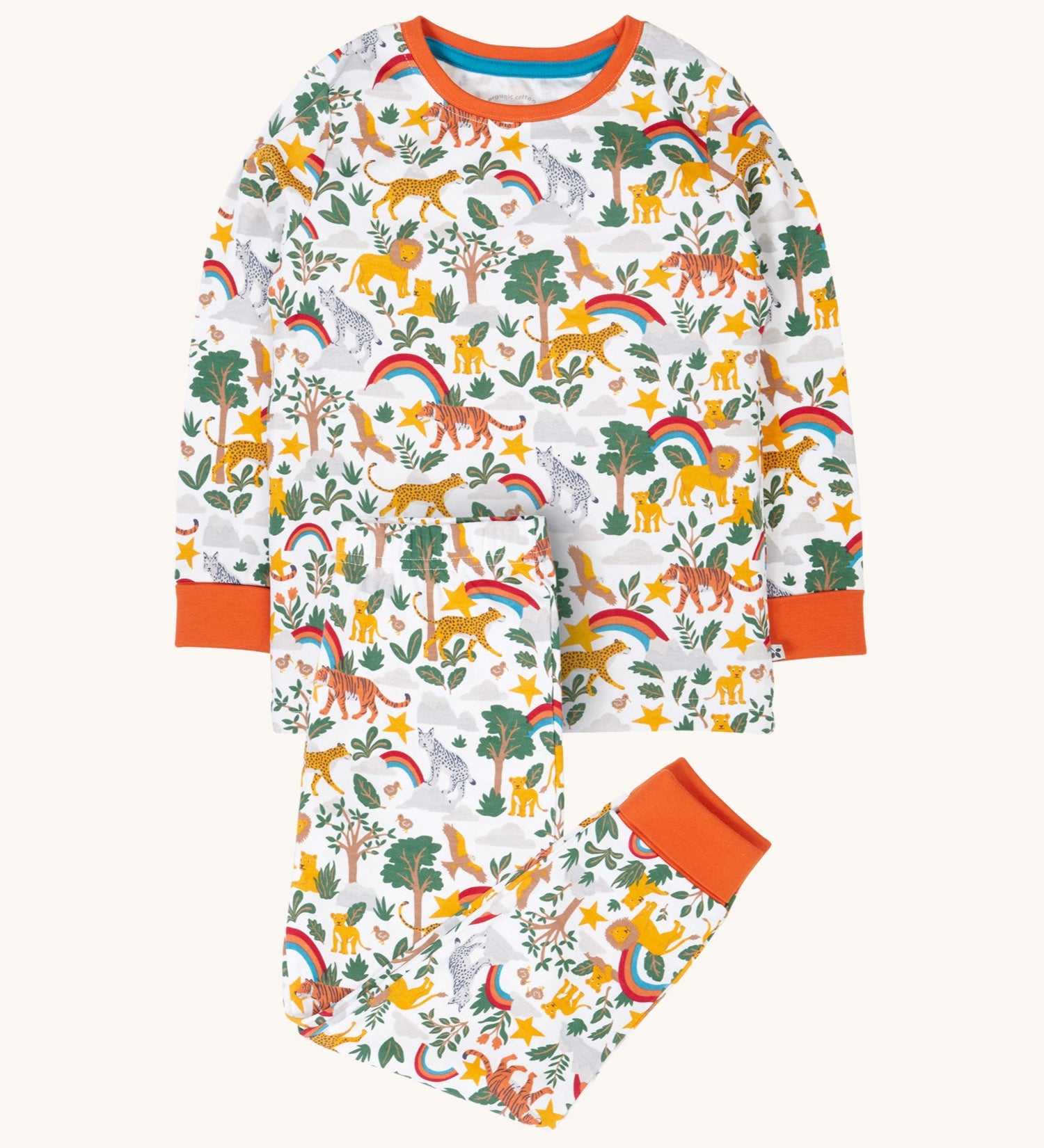 Frugi sundown pyjamas in into the wild  design available at Babipur. A GOTS organic cotton 2 piece pyjama set in white with a wildlife inspired design on the top and bottoms.
