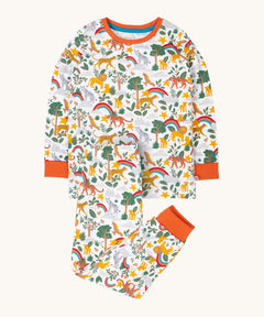 Frugi sundown pyjamas in into the wild  design available at Babipur. A GOTS organic cotton 2 piece pyjama set in white with a wildlife inspired design on the top and bottoms.