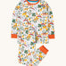 Frugi sundown pyjamas in into the wild  design available at Babipur. A GOTS organic cotton 2 piece pyjama set in white with a wildlife inspired design on the top and bottoms.