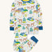 Frugi sundown pyjamas in reindeer fields design available at Babipur. A GOTS organic cotton 2 piece pyjama set in white with a moutainscape and reindeer design on the top and bottoms.