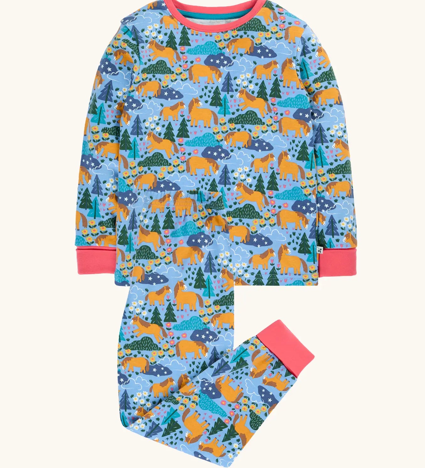 Frugi GOTS 100%  organic cotton kids pyjamas including a light blue top with a repeating shetland horse print and matching bottoms with pink cuffs