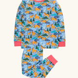 Frugi GOTS 100%  organic cotton kids pyjamas including a light blue top with a repeating shetland horse print and matching bottoms with pink cuffs