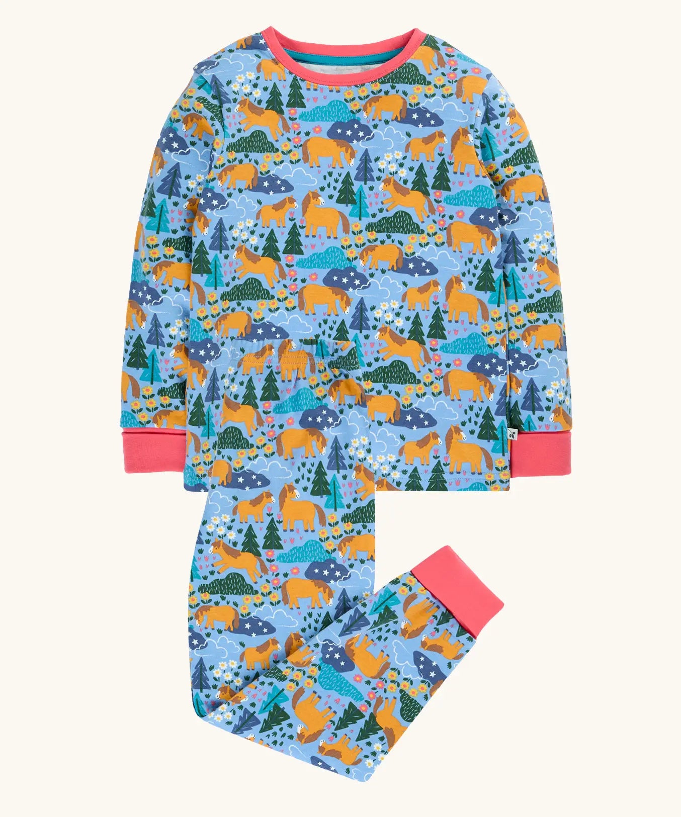 Frugi GOTS 100%  organic cotton kids pyjamas including a light blue top with a repeating shetland horse print and matching bottoms with pink cuffs