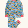 Frugi GOTS 100%  organic cotton kids pyjamas including a light blue top with a repeating shetland horse print and matching bottoms with pink cuffs