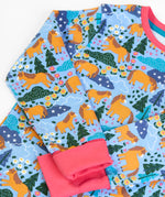 Frugi GOTS 100% organic cotton kids pyjama top in light blue with a repeating shetland pony print and a pink cuff and neck line 