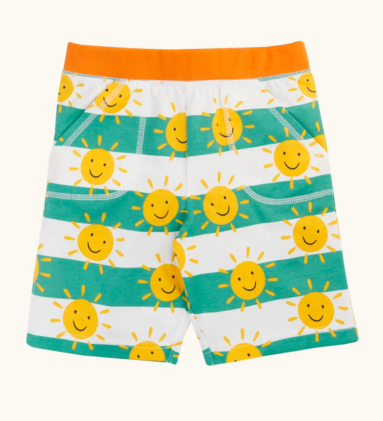 Frugi GOTS organic cotton green and white striped shorts with repeating sunshine design orange waistband, side pockets 