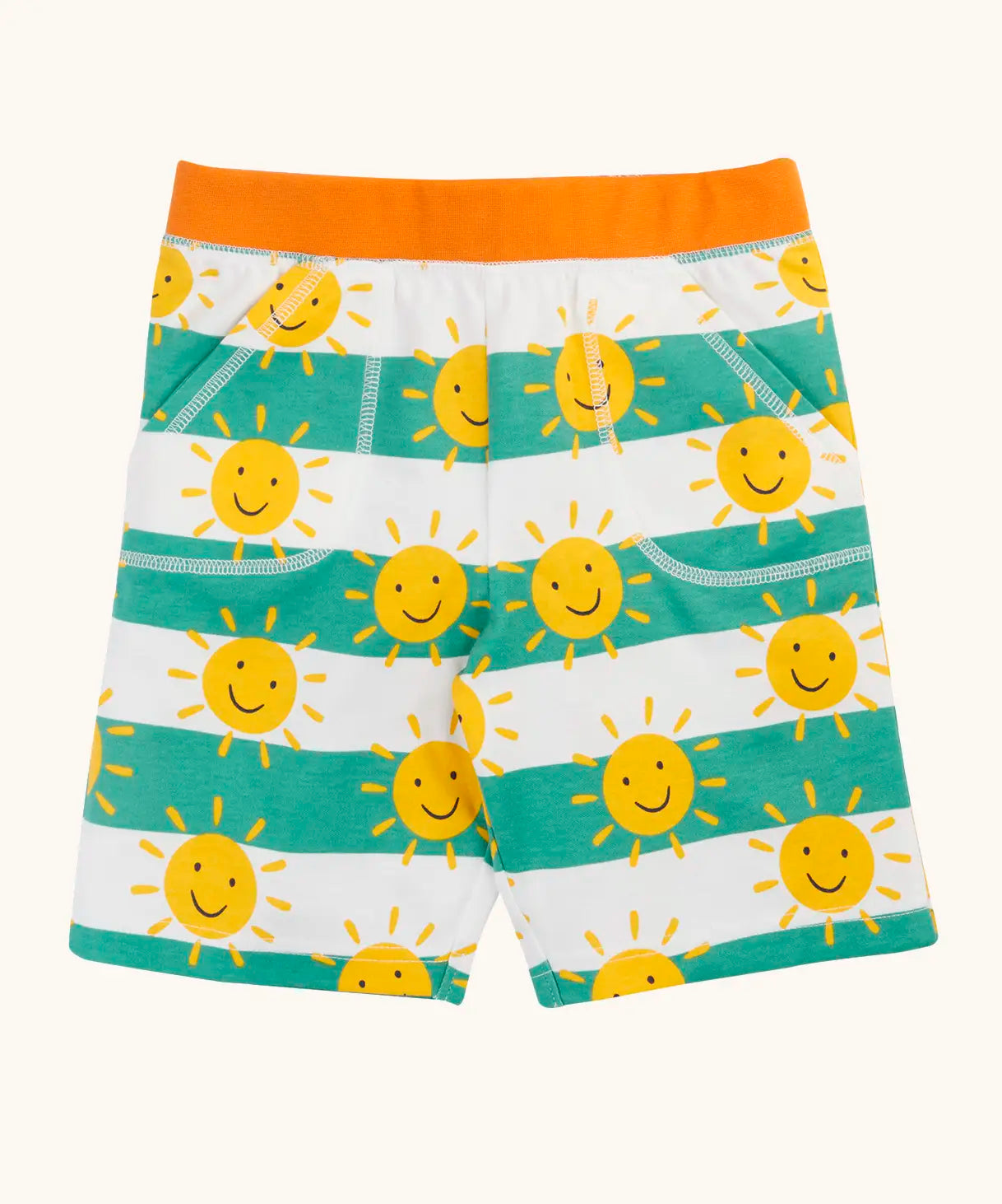 Frugi GOTS organic cotton green and white striped shorts with repeating sunshine design orange waistband, side pockets 