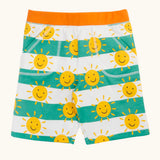 Frugi GOTS organic cotton green and white striped shorts with repeating sunshine design orange waistband, side pockets 