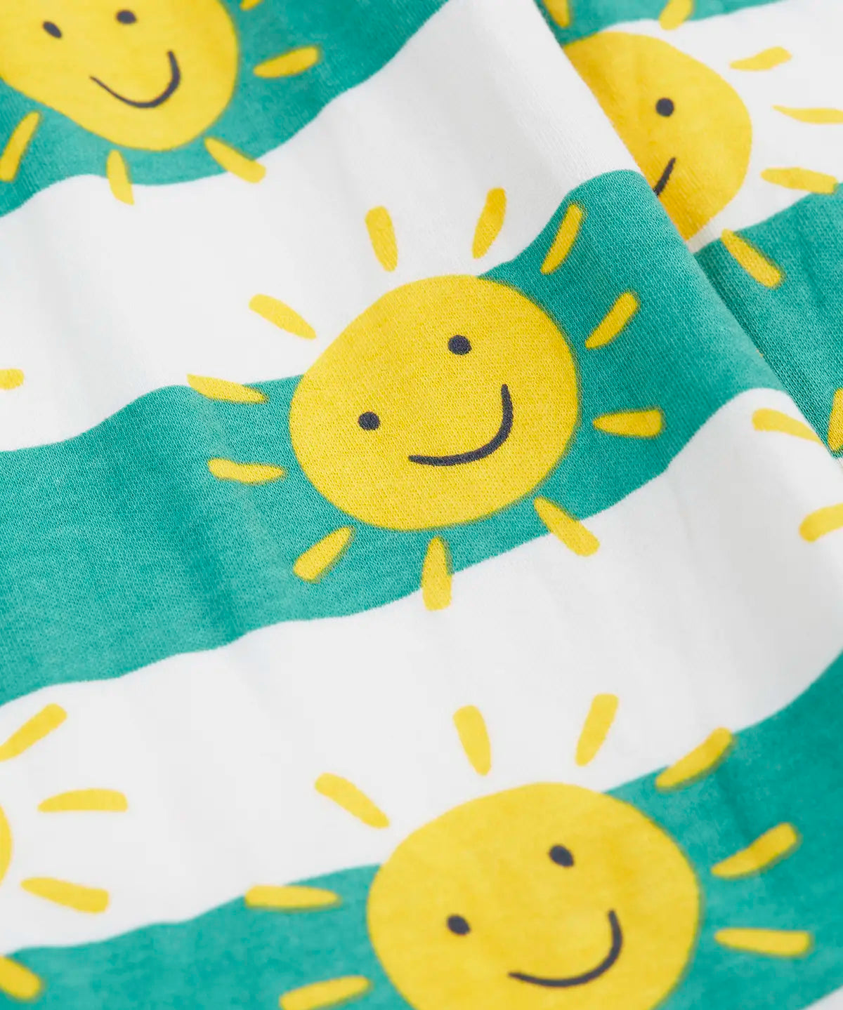 Frugi full of sunshine tallie dress laid flat  showing the repeating smiling sun design on GOTS organic cotton fabric