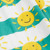 Frugi full of sunshine tallie dress laid flat  showing the repeating smiling sun design on GOTS organic cotton fabric