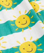 Frugi full of sunshine tallie dress laid flat  showing the repeating smiling sun design on GOTS organic cotton fabric