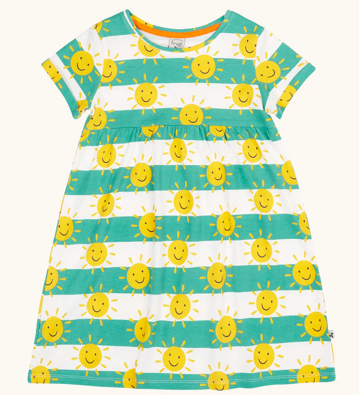 Frugi tallie dress. A GOTS organic cotton short sleeved dress in green and white stripes with a repeating smiling sun design