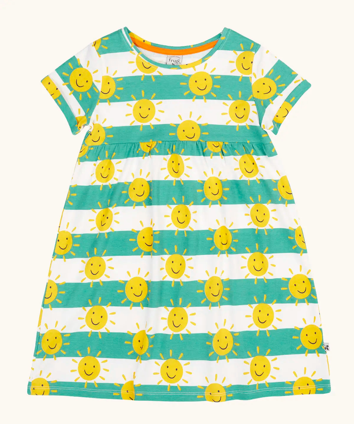 Frugi tallie dress. A GOTS organic cotton short sleeved dress in green and white stripes with a repeating smiling sun design