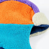 Frugi ted fleece trapper hat in soft recycled polyester fleece, in orange, blue and purple. 