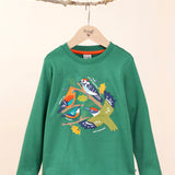 Frugi kids terrific applique top in holly green/birds hanging on a branch and available at Babipur. A GOTS organic long sleeve top in dark green. Features a collection of different bird appliques perched on branches