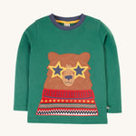 This long-sleeved Terrific Appliqué Top from Frugi is made from soft organic cotton in Teal  with a Fairisle Bear appliqué on the front. With a stretchy rib neckline.