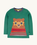 This long-sleeved Terrific Appliqué Top from Frugi is made from soft organic cotton in Teal  with a Fairisle Bear appliqué on the front. With a stretchy rib neckline.