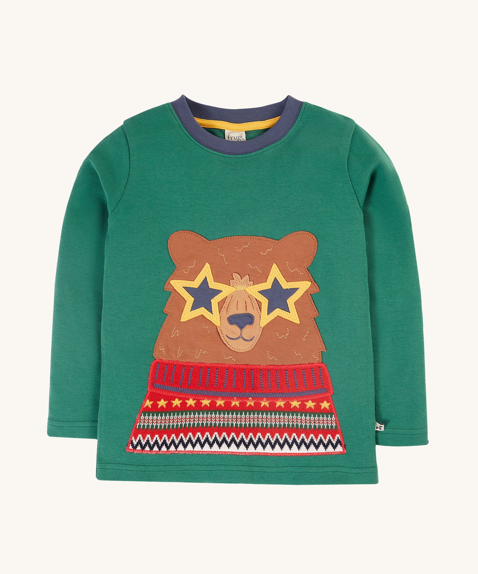 This long-sleeved Terrific Appliqué Top from Frugi is made from soft organic cotton in Teal  with a Fairisle Bear appliqué on the front. With a stretchy rib neckline.