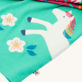 A closer look at the horse detail on the Frugi Tilly Outfit - Pacific Aqua/Wild Horses
