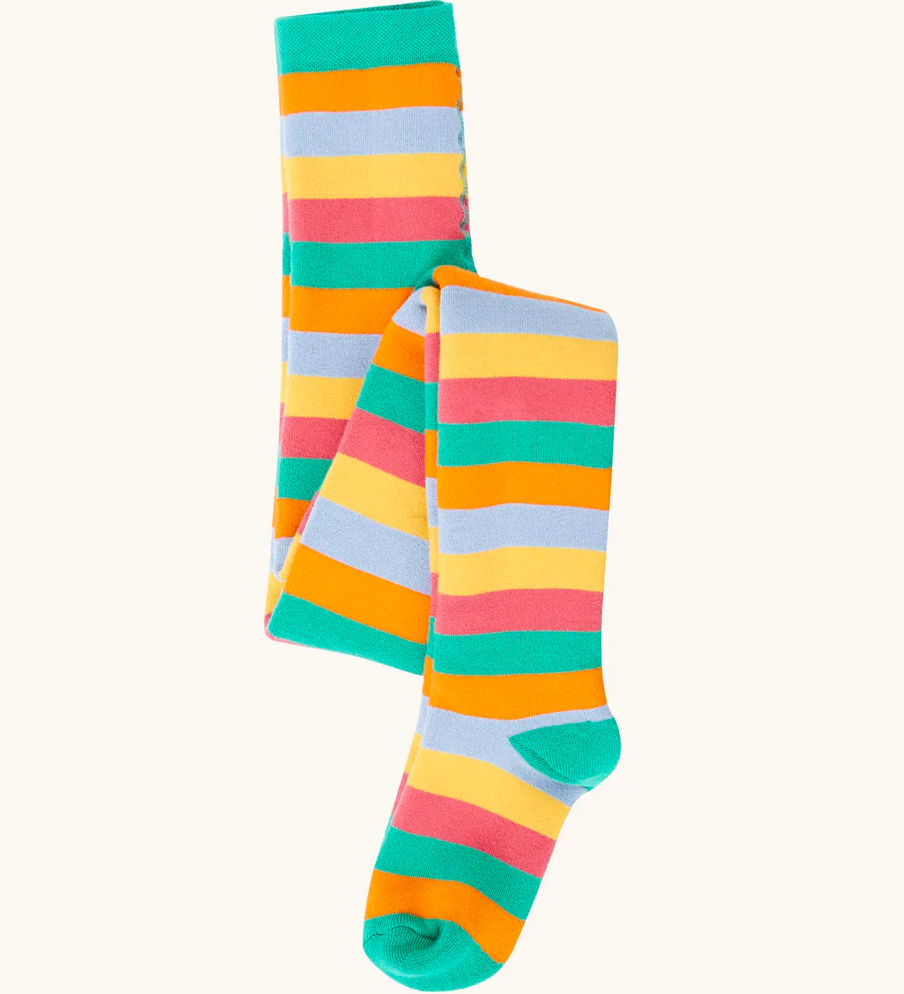 Frugi GOTS 100% organic cotton kids toasty thick tights in a pastel rainbow striped design