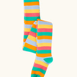 Frugi GOTS 100% organic cotton kids toasty thick tights in a pastel rainbow striped design
