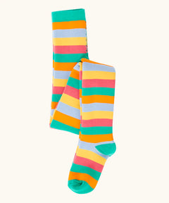 Frugi GOTS 100% organic cotton kids toasty thick tights in a pastel rainbow striped design