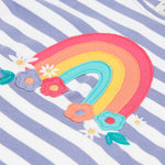 A closer look at the rainbow and flower applique on the Frugi Louise Applique Top - Grape Stripe/Rainbow. The rainbow arch lines are red, orange, yellow and light green, with flowers in the same colour