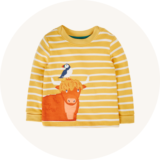 Frugi Organic Easy On Top in yellow Bumblebee Breton stripes with Highland cow and puffin applique to represent Frugi tops and t-shirts at Babipur.