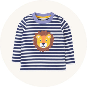Frugi Discovery Applique Top Navy Stripe Lion to represent Frugi baby and children tops and t-shirts for sale at Babipur.
