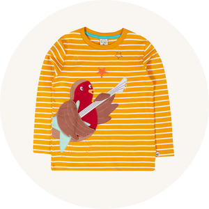 Frugi Discovery Applique Top in Gold Breton Robin made from organic cotton to represent Frugi tops and t-shirts AW25 at Babipur.