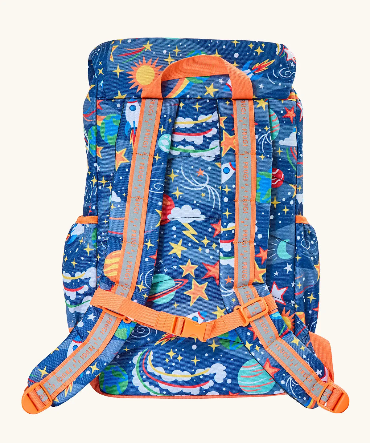 Back of Frugi explore the stars trail blazing backpack showing padded shoulders straps with buckle fasteners and a handy carry handle