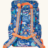 Back of Frugi explore the stars trail blazing backpack showing padded shoulders straps with buckle fasteners and a handy carry handle