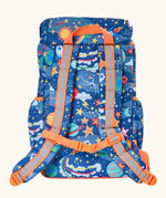 Back of Frugi explore the stars trail blazing backpack showing padded shoulders straps with buckle fasteners and a handy carry handle