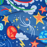 Frugi explore the stars trail blazing backpack showing a close up of the repeating outer space design
