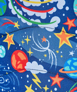 Frugi explore the stars trail blazing backpack showing a close up of the repeating outer space design