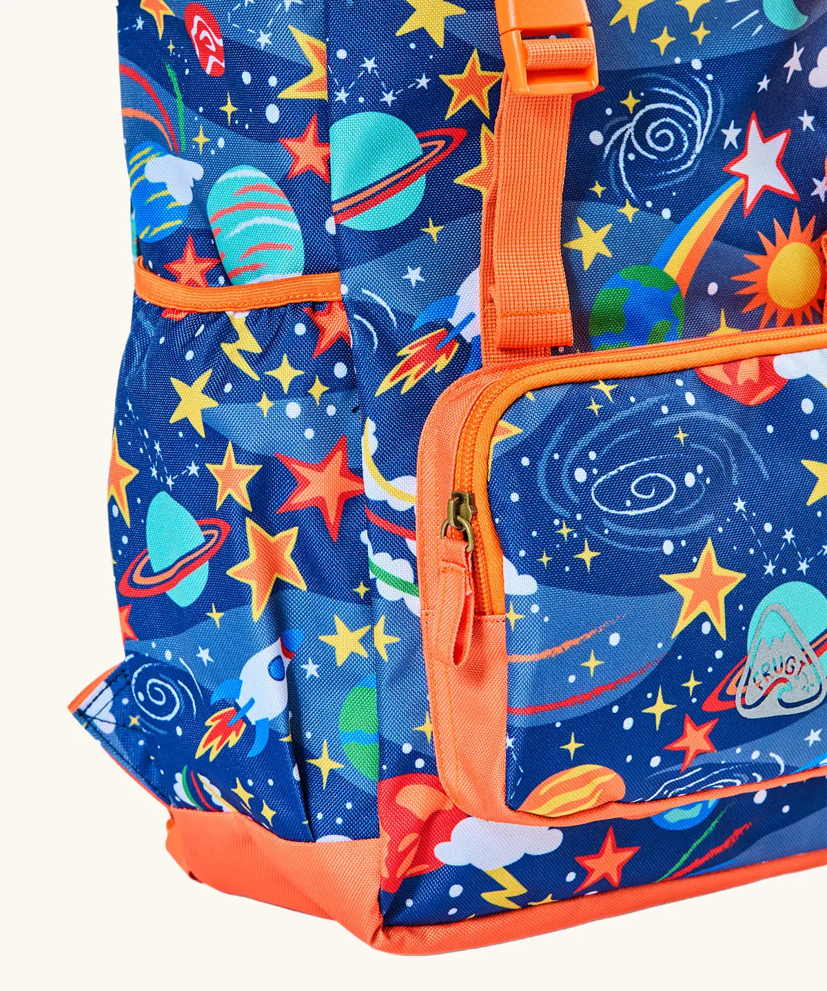 Frugi explore the stars trail blazing backpack showing orange trim detail, side pocket to hold a bottle and small front compartment