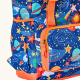 Frugi explore the stars trail blazing backpack showing orange trim detail, side pocket to hold a bottle and small front compartment