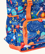 Frugi explore the stars trail blazing backpack showing orange trim detail, side pocket to hold a bottle and small front compartment