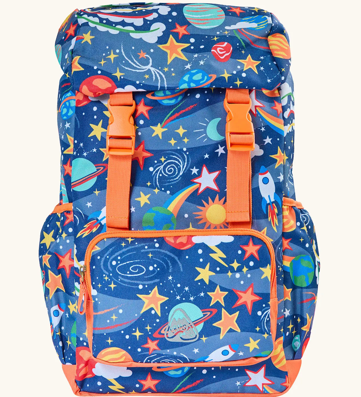 Frugi explore the stars trail blazing backpack in blue with a repeating outer space design. Features main compartment, small front compartment 2 side pockets and buckle fasteners