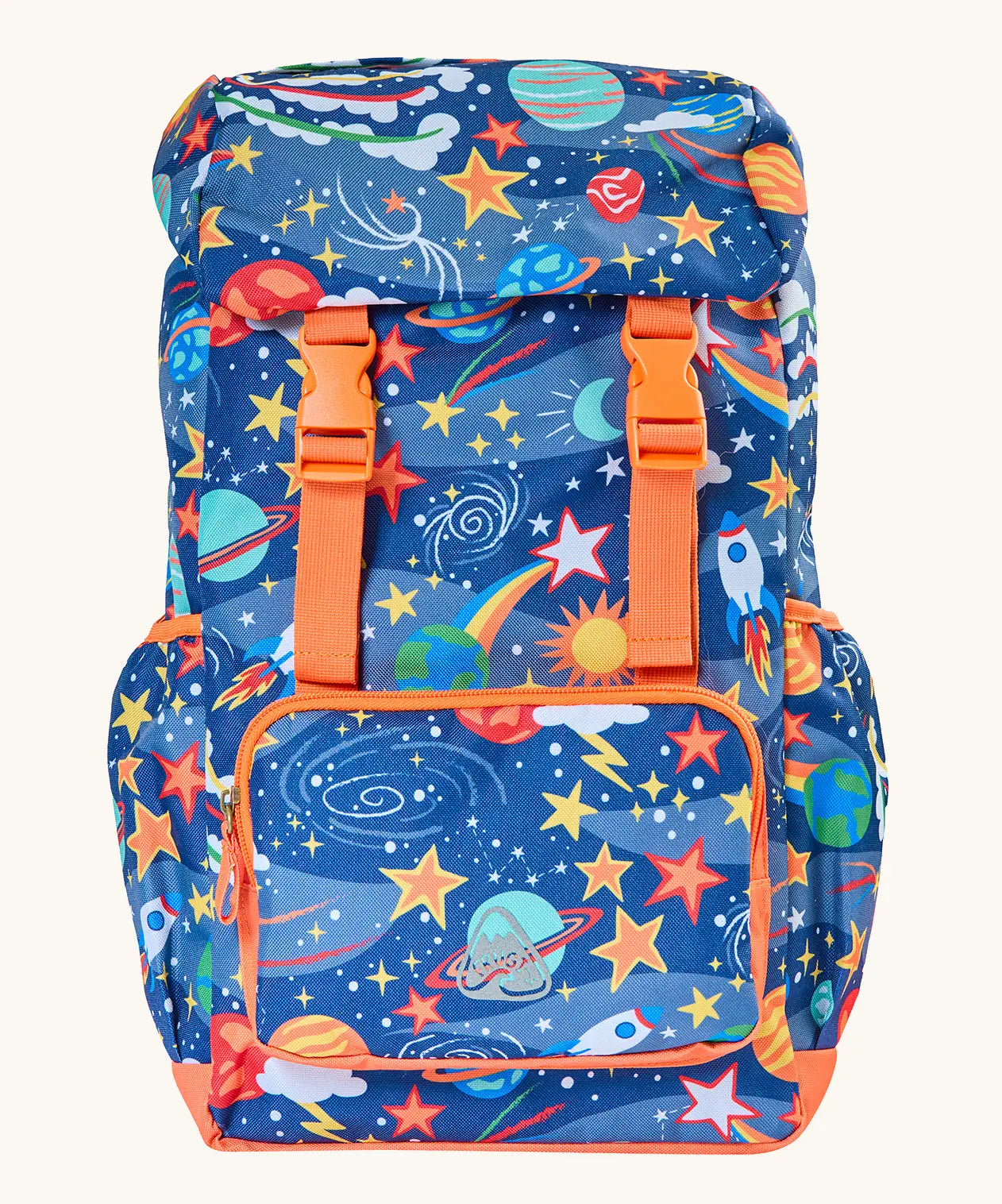 Frugi explore the stars trail blazing backpack in blue with a repeating outer space design. Features main compartment, small front compartment 2 side pockets and buckle fasteners