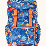 Frugi explore the stars trail blazing backpack in blue with a repeating outer space design. Features main compartment, small front compartment 2 side pockets and buckle fasteners
