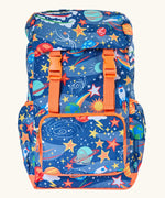 Frugi explore the stars trail blazing backpack in blue with a repeating outer space design. Features main compartment, small front compartment 2 side pockets and buckle fasteners