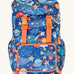Frugi explore the stars trail blazing backpack in blue with a repeating outer space design. Features main compartment, small front compartment 2 side pockets and buckle fasteners