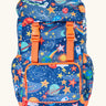 Frugi explore the stars trail blazing backpack in blue with a repeating outer space design. Features main compartment, small front compartment 2 side pockets and buckle fasteners
