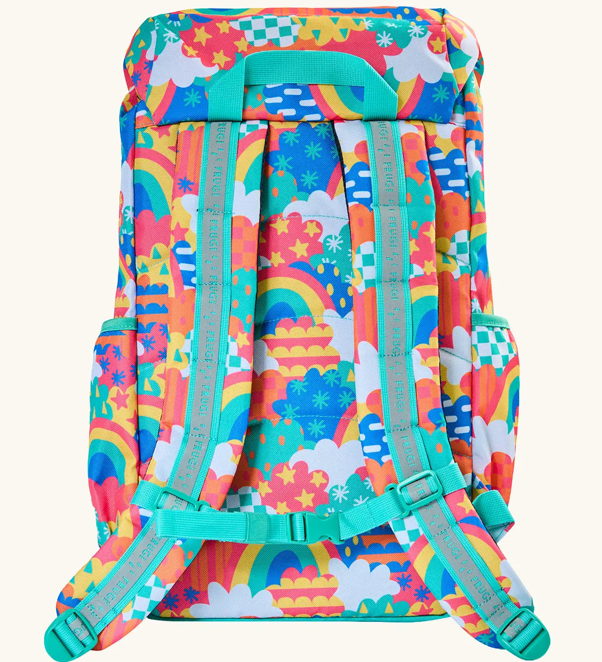 Back of Frugi fun frenzy trail blazing backpack showing the padded shoulder straps with reflective strip and buckle fastener and handy carry handle