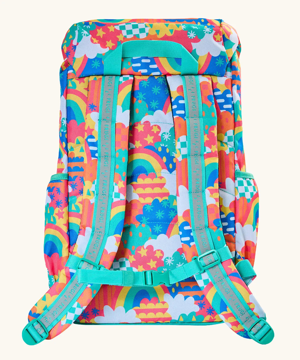 Back of Frugi fun frenzy trail blazing backpack showing the padded shoulder straps with reflective strip and buckle fastener and handy carry handle