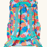 Back of Frugi fun frenzy trail blazing backpack showing the padded shoulder straps with reflective strip and buckle fastener and handy carry handle