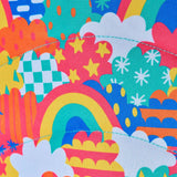 Frugi fun frenzy trail blazing backpack showing a close up of the repeating multicoloured abstract cloud design. 